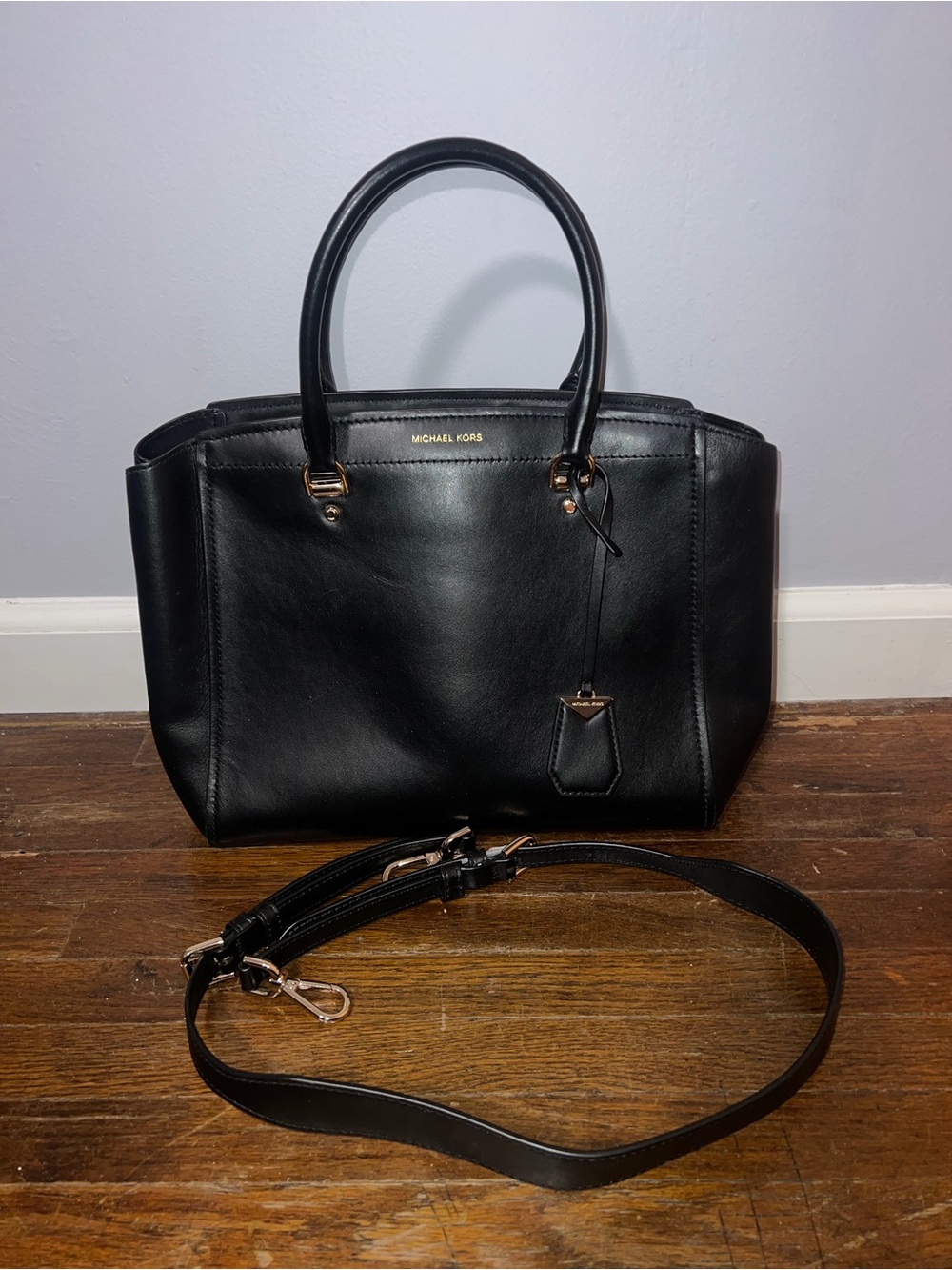 Michael Kors Black Leather Satchel with Gold Hardware